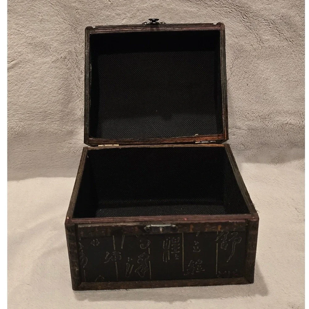 Vintage Wooden Treasure Chest Trinket Box Asian Script‎ Embossed 6
